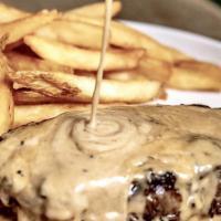 Steak Au Poivre · Organic New York Strip angus beef, peppercorn, and Hennessy VSOP cream sauce. Served with fr...