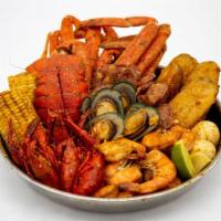 Combo E. Balling' Out Bucket · Snow Crab Legs (2 Cluster) | Shrimp Head Off (1 LB) | Lobster Tail (1) | Crawfish (½ LB) | S...