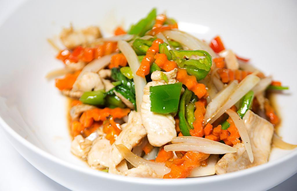 Basil Sauce (Pad Gra Prao) · Sauteed with basil, hot chili peppers, onion, carrot and bell pepper.