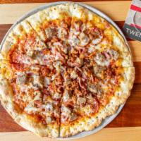Uncle Sal · Pepperoni, spicy Italian sausage, bacon, house-made meatball, mozzarella, red pepper flakes,...