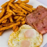 El Americano · Fried eggs(two), sausage, ham or bacon,  fries.