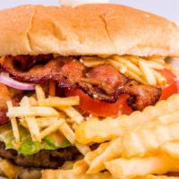 Original Colombian Burger · Grilled homemade burger, melted American cheese, bacon, lettuce, tomatoes, onions.
