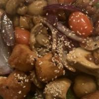 Chef Halumi Salad · Romaine lettuce, cherry tomatoes, sauteed onions, mushrooms and halumi cheese in a terryaki ...