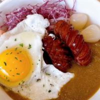 Curry Cupbap W/Sausage (4Piece)&Sunny Side Up Egg  · Rice,curry,cabbage,fukujinzuke Japanese pickle, yellow radish,sunny side up egg,with sausage...