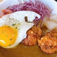 Curry Cupbapw/Fried Chicken (3Piece)&Sunny Side Up Egg  · Rice, curry, cabbage, fukujinzuke Japanese pickle,yellow relish,sunny side up egg, with frie...