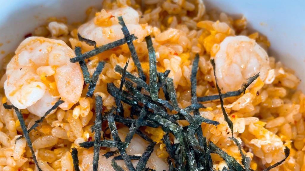 Shrimp Kimchi Fried Rice · Pan-fried white rice with kimchi,shrimp, scrambled eggs and sunny side up egg on top