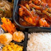 Spicy Chicken Bento Box · Rice,Stir-fried glass noodle,pickle radish,Salad,Corn and spicy chicken