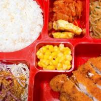 Pork Cutlet Bento Box · Rice,Stir-fried glass noodle,pickle radish,Salad,Corn and Pork Cutlet