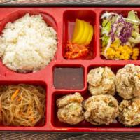 Fried Chicken Bento Box · Rice,Stir-fried glass noodle,pickle radish,Salad,Corn and ,Fried chicken