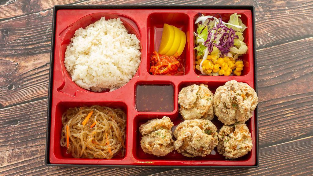 Fried Chicken Bento Box · Rice,Stir-fried glass noodle,pickle radish,Salad,Corn and ,Fried chicken