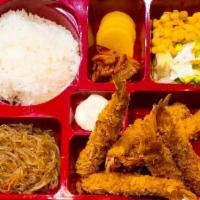 Fried Shrimp Bento Box · Rice,Stir-fried glass noodle,pickle radish,Salad,Corn and Fried Shrimp