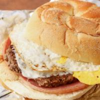 Jersey Burger · Hamburger topped with pork roll and egg on a Kaiser.