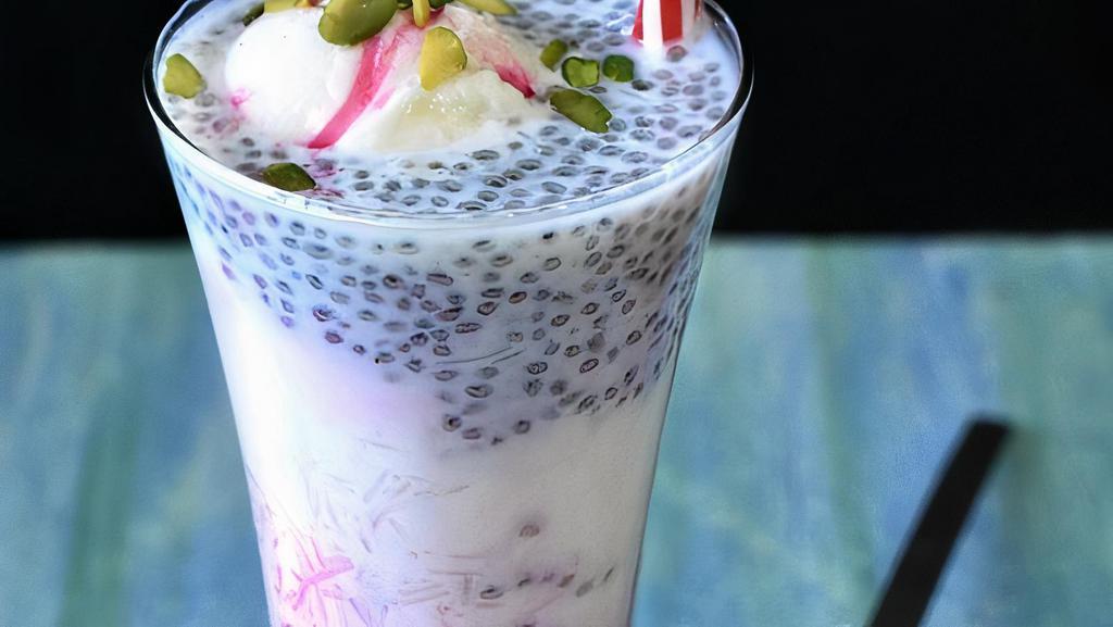 Falooda · Our falooda is made with rose syrup, jelly pieces, sweet basil seeds, vermicelli noodles, milk, and ice cream.