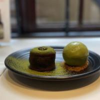 Matcha Lava · warm dark chocolate cake filled with matcha ganache, served with matcha green tea ice cream.