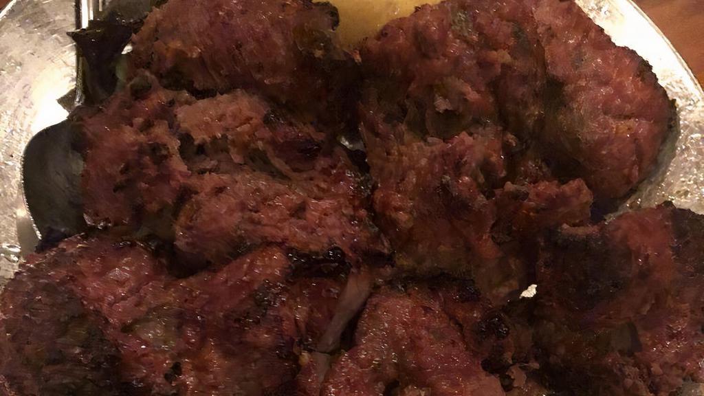 Barrah Kabab Appetizer · Boneless chunks of lamb marinated in yogurt, ginger, and garlic.