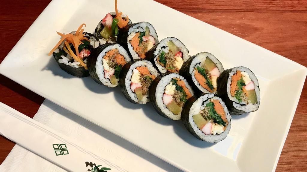 Stir-Fried Anchovy Kimbap · White Rice, dried seaweed, sesame seed, sesame oil, stir-fried anchovy, yellow pickled radish, crab stick, egg, carrot, spinach