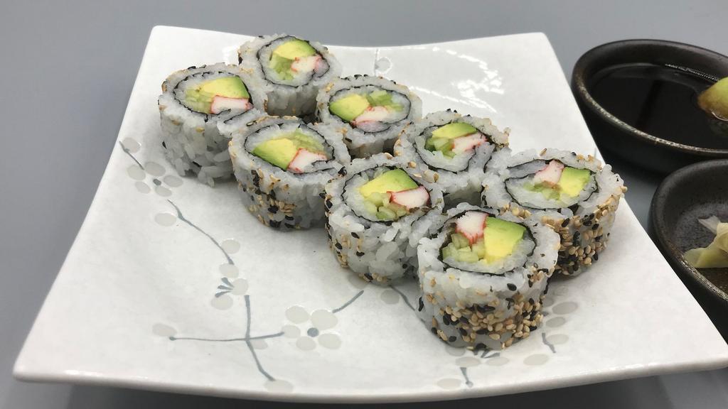California Roll (Cooked) · Sushi rice, seaweed, kani stick, avocado, cucumber, sesame seed.