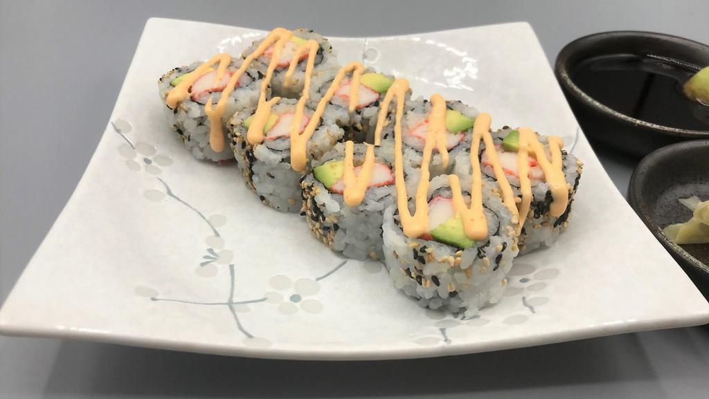 Spicy California Roll (Cooked) · Sushi rice, seaweed, spicy kani, avocado, sesame seed.
