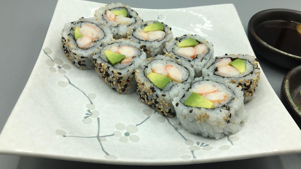 Shrimp Avocado Roll (Cooked) · Sushi rice, seaweed, cooked shrimp, avocado, sesame seed.