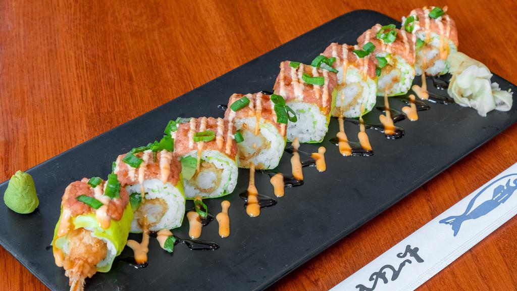 Red Fantasy Roll (Raw) · Sushi rice, soy paper, shrimp tempura, avocado, spicy tuna, tobiko, scallion, teriyaki sauce, spicy mayo.