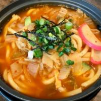 Kimchi Udon · Thick noodle, kimchi, zucchini, onion, scallion, fish cake in house broth.