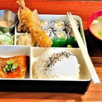 Salmon Teriyaki Bento · Rice, salmon teriyaki,  Salad, Gyoza, Shrimp Tempura, California Roll