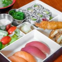 Sushi Bento Box · Four nigiri, California roll, tempura, salad.