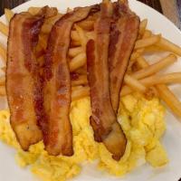 3 Eggs Any Style With Bacon · Served with choice of homefries or french fries or salad and toast.