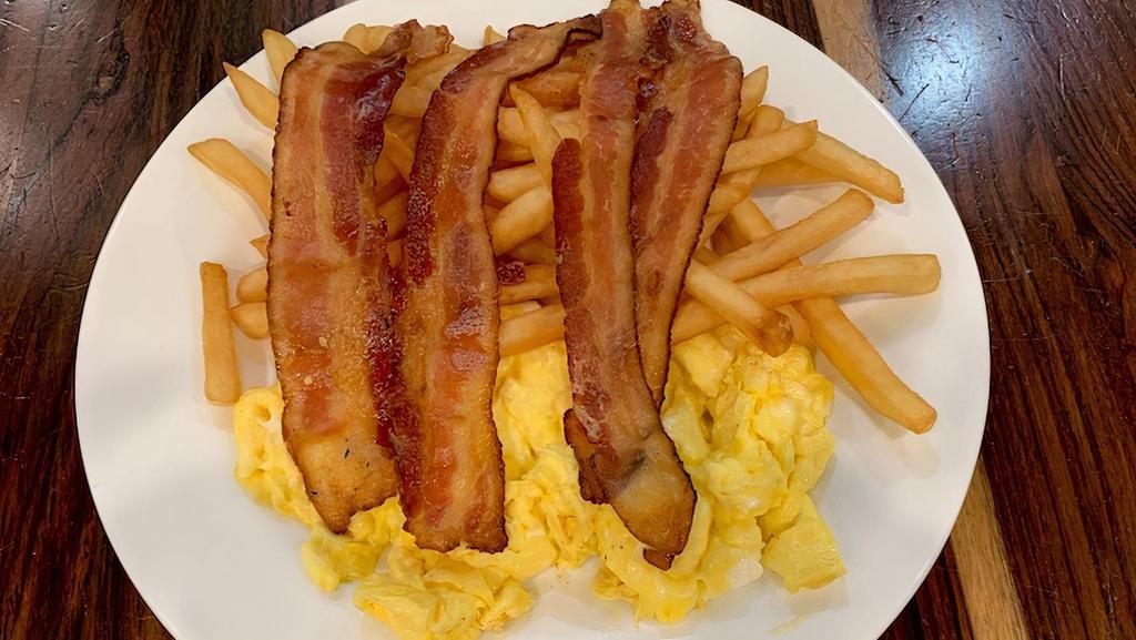 3 Eggs Any Style With Bacon · Served with choice of homefries or french fries or salad and toast.