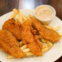 Chicken Fingers · All white meat 4pc. chicken tender lightly breaded and crispy fried. Served with honey musta...