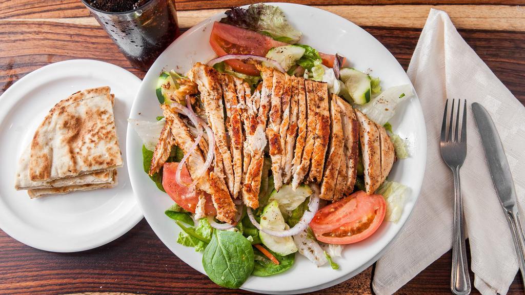 Bubba Salad · Tossed salad with grilled chicken, served with Italian dressing& white sauce and hot pita bread.