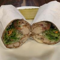 Crispy Chicken And Swiss Wrap · Lettuce, tomato and honey mustard.
