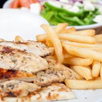 Chicken Souvlaki Dinner · Pieces of marinated grilled chicken on a hot pita, topped with sauce and served with Greek s...