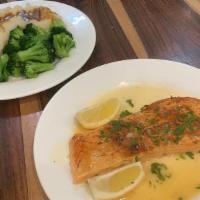 Broiled Salmon · Salmon steak broiled with lemon and butter.