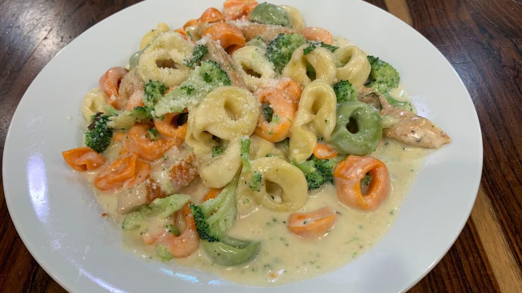 Tortellini Alfredo · Tri-color cheese tortellini in a creamy cheese sauce. Served with salad and bread.