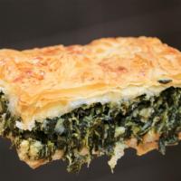 Spinach Pie (1/2 Piece) · Greek Spanakopita- Phyllo dough with spinach and Feta cheese.