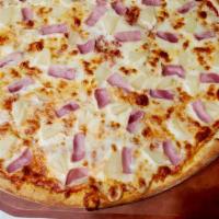 Hawaiian New York Style Pizza · Homemade plum tomato sauce topped with ham and pineapple.