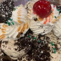 Oreo Sundae · Oreo ice cream topped with chocolate sauce, whipped cream, oreo cookies, crumbles and a cher...