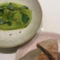 Green Chickpea Hummus · Mint, ancient emmer pita, and crudité.