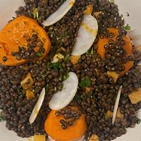 Beluga Lentils Sauteed In Black Vinegar & Aromatic Chili Oil · lemon braised fingerling yam, hakurei turnip and cilantro stems