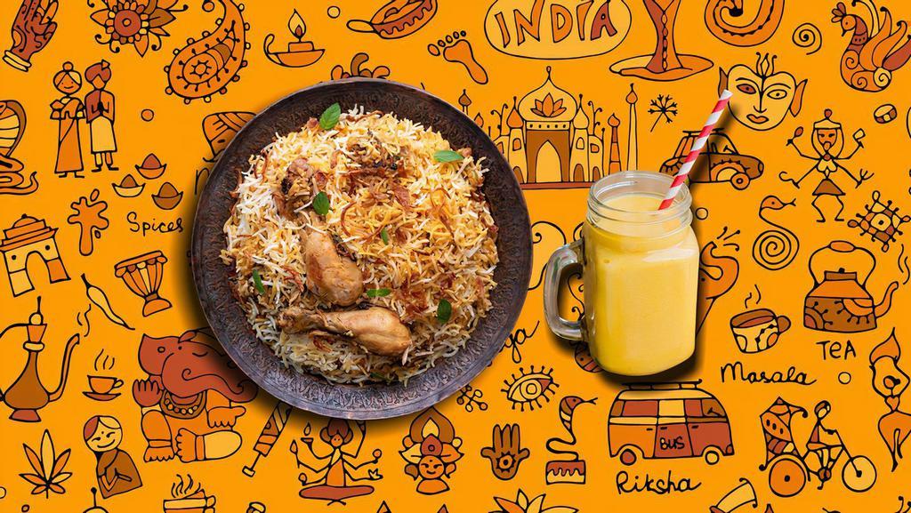 Chicken Biryani Peshawari & Yogurt Mango Shake · Long-grained rice flavored with exotic spices, such as saffron, is layered with chicken served with raita (Indian yogurt) and salan (spicy sauce). Comes with chilled churned yogurt drink with alphonso mango.