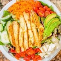 Grilled Chicken Deluxe Salad · Grilled chicken, avocado, fresh mozzarella, cherry tomato, cucumbers, shredded carrots and r...