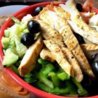 Greek Salad · Imported feta cheese, kalamata olives, grape leaves, cucumbers, sliced red onions, pepperonc...