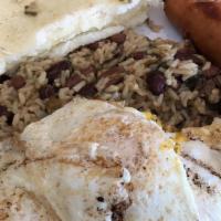 Colombian Breakfast · Eggs any style with rice and beans, white corn arepa with cheese.