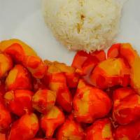 Sweet & Sour Chicken · Served with chicken, pork fried rice and plain fried rice, choice of yellow or brown rice, a...