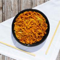 Chicken Lo Mein · Served with fried choose your rice of yellow or brown rice.