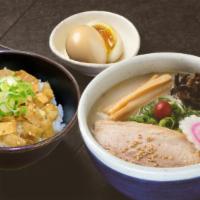 D Combo - Char-Siu Rice · Pork, green onion, and sesame seed. It comes with 1 ramen (regular style) and a flavored egg...