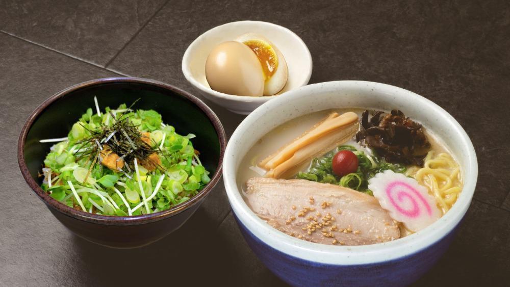 A Combo - Negi Rice · Green onions, radish sprouts, fried tofu, dried bonito, and seaweed. It comes with 1 ramen (regular style) and a flavored egg (soy sauce flavor).