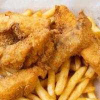 Fish And Chips Platter · Served with Coleslaw & Sauce Of Choose. Fries or Yellow Rice, Spriez, Onion Rings, 8oz Coles...
