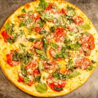 Champion Margherita Pizza · Mozzarella, our secret sauce, basil, pecorino Romano, mushrooms, and Parmigiano Reggiano.